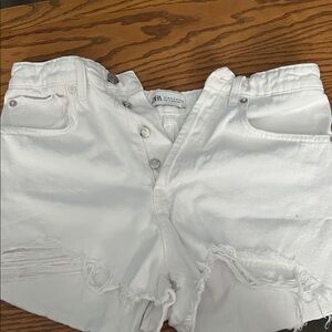 Zara White Denim Shorts with Distressed Hem